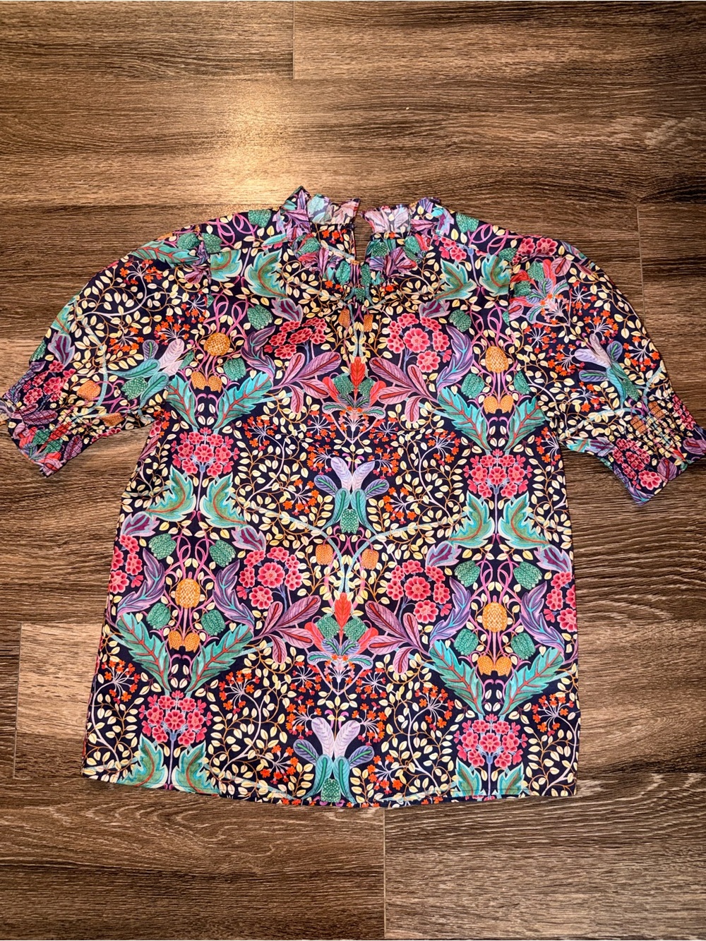 J. Crew Liberty Floral Ruffle-Neck Blouse - Navy with Pink, Teal & Orange
